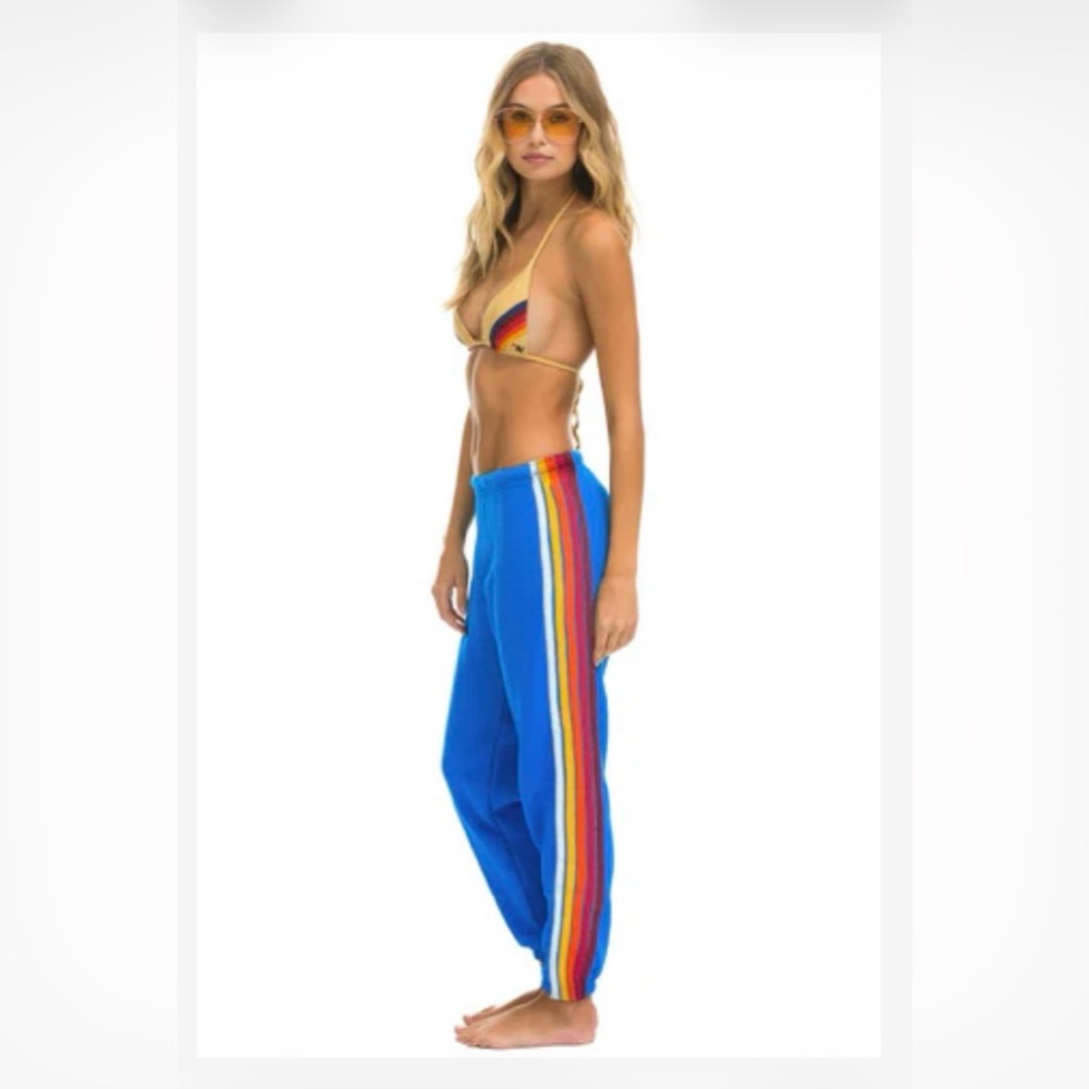 Aviator Nation 5 Stripe Joggers Adventure Blue//Rainbow White XS NWT